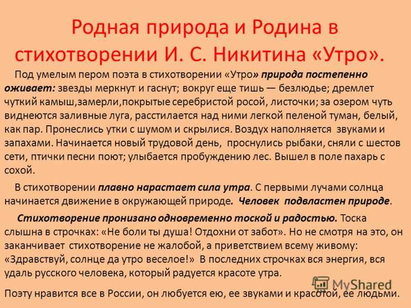 Медитативное пейзажное стихотворение Никитина Утро - одно из лучших стихотворений поэта о красоте родной природы, жизни и труде человека в гармонии с ней