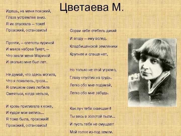 Идешь на меня похожий жанр. краткий анализ стихотворения «идешь на меня похожий» (цветаева марина)