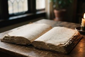 Старая книга стихов и свеча на деревянном столе