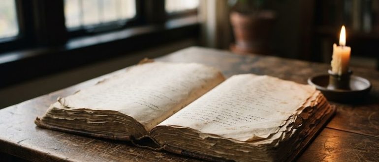 Старая книга стихов и свеча на деревянном столе