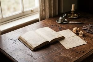 Старая книга стихов, перчатки и письмо на деревянном столе у окна