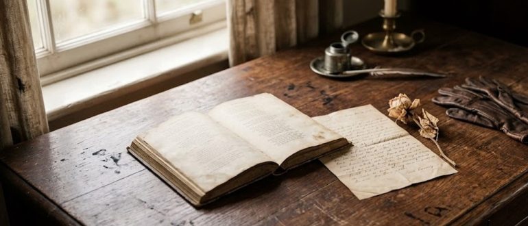 Старая книга стихов, перчатки и письмо на деревянном столе у окна