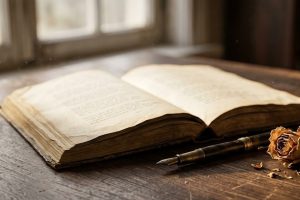 Старая книга стихов с пером и сухим цветком на деревянном столе