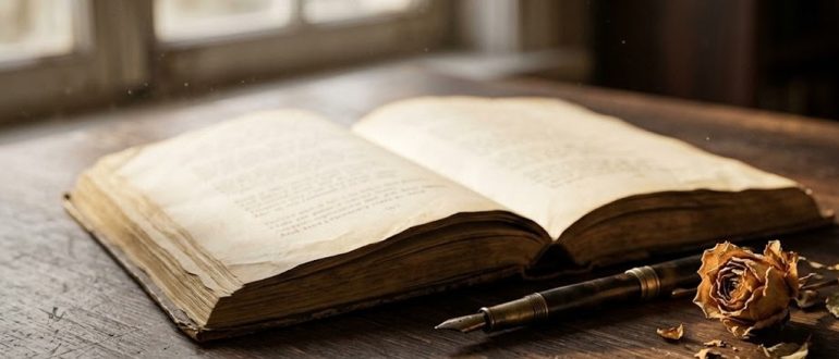 Старая книга стихов с пером и сухим цветком на деревянном столе