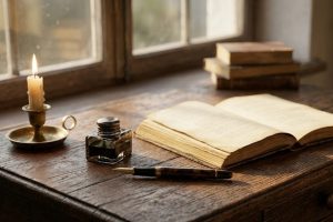 Старый письменный стол с книгой стихов, пером и свечой