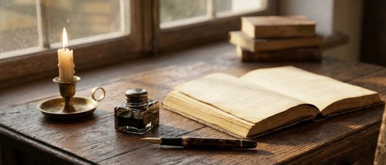Старый письменный стол с книгой стихов, пером и свечой
