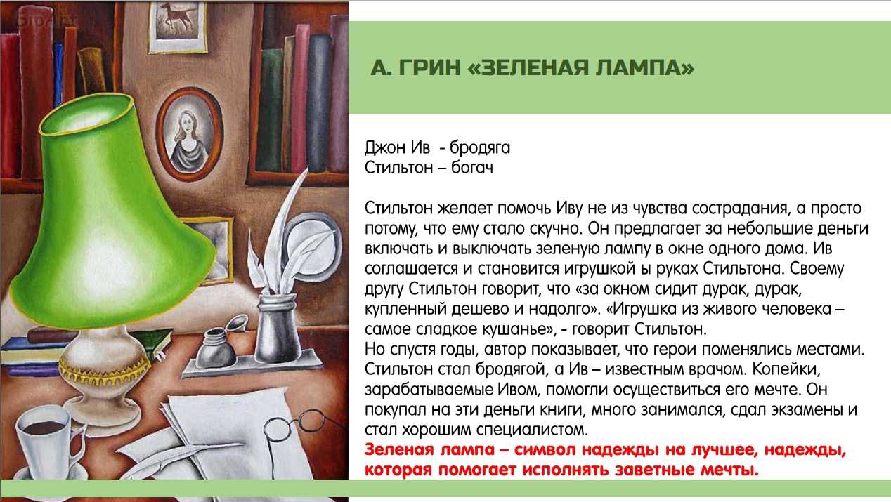 Грин особенности мировоззрения писателя зеленая лампа. Рисунок к рассказу зеленая лампа Грин. Зелёная лампа Грин.а текст. Джон Ив зеленая лампа.