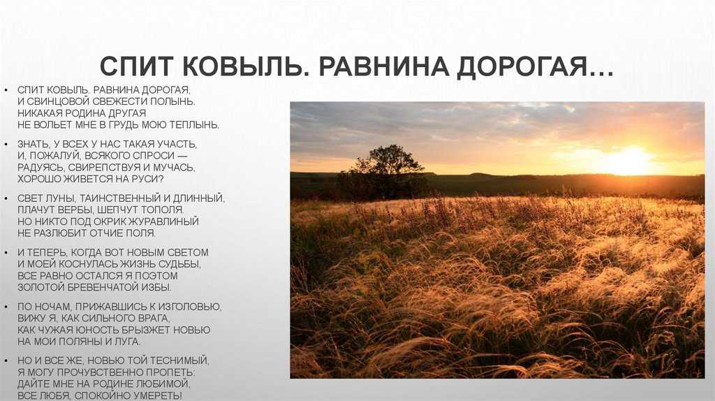 «спит ковыль. равнина дорогая» анализ стихотворения есенина по плану кратко – образы, лирический герой, метафоры