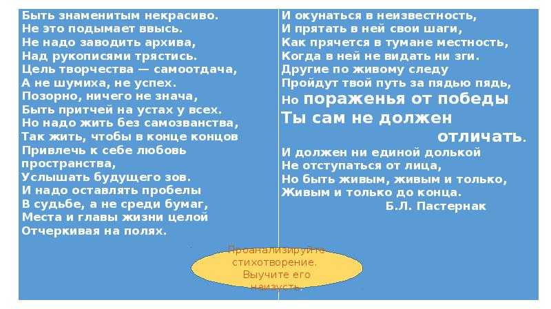 Анализ стихотворения быть знаменитым некрасиво пастернак кратко по плану