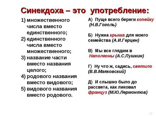 Примеры синекдохи: чем отличается от метонимии и определение тропы в русском или английском языке, ее примеры в стихах из художественной литературы_ | exam-ans.ru