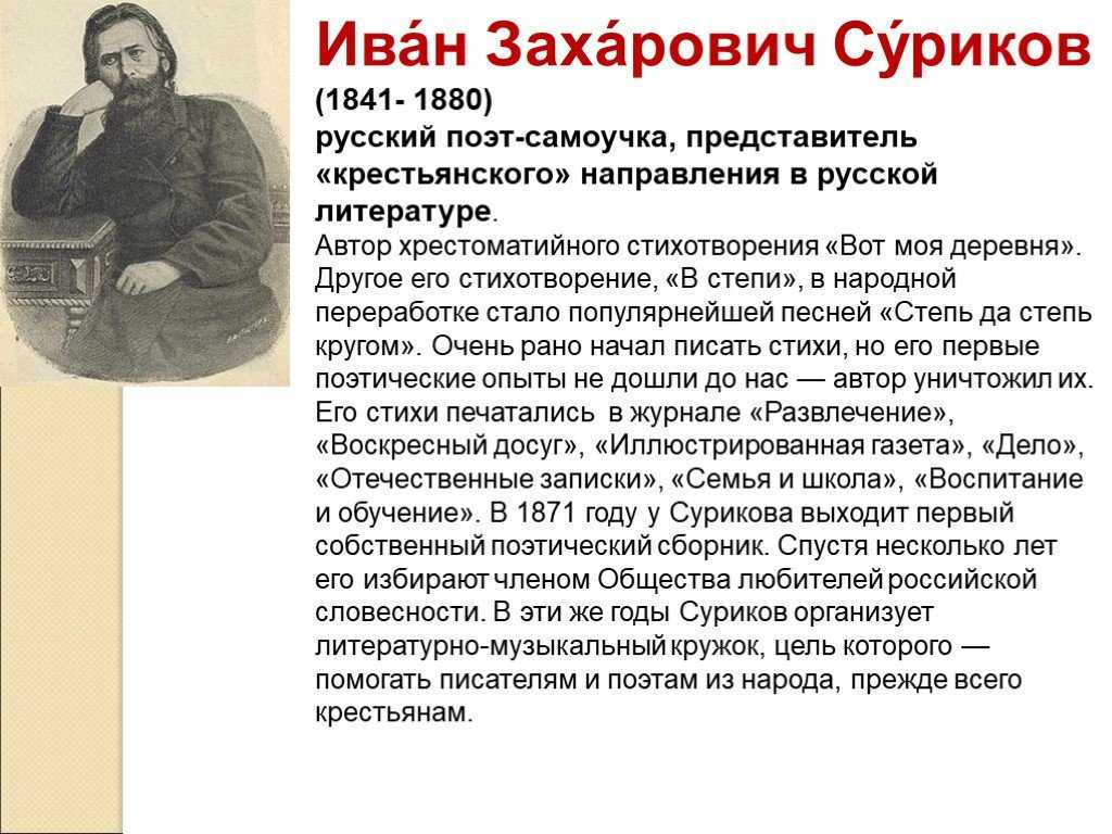 Какие стихотворения написал суриков. Биография Сурикова Ивана Захаровича для 3 класса.