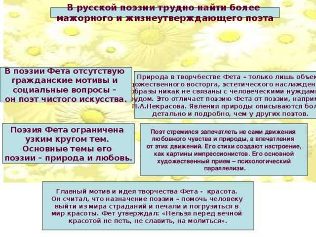 Русские поэты школы «чистого искусства» в xix века, эстетические принципы (на примере творчества а. фета, ф.тютчева, а. толстого).