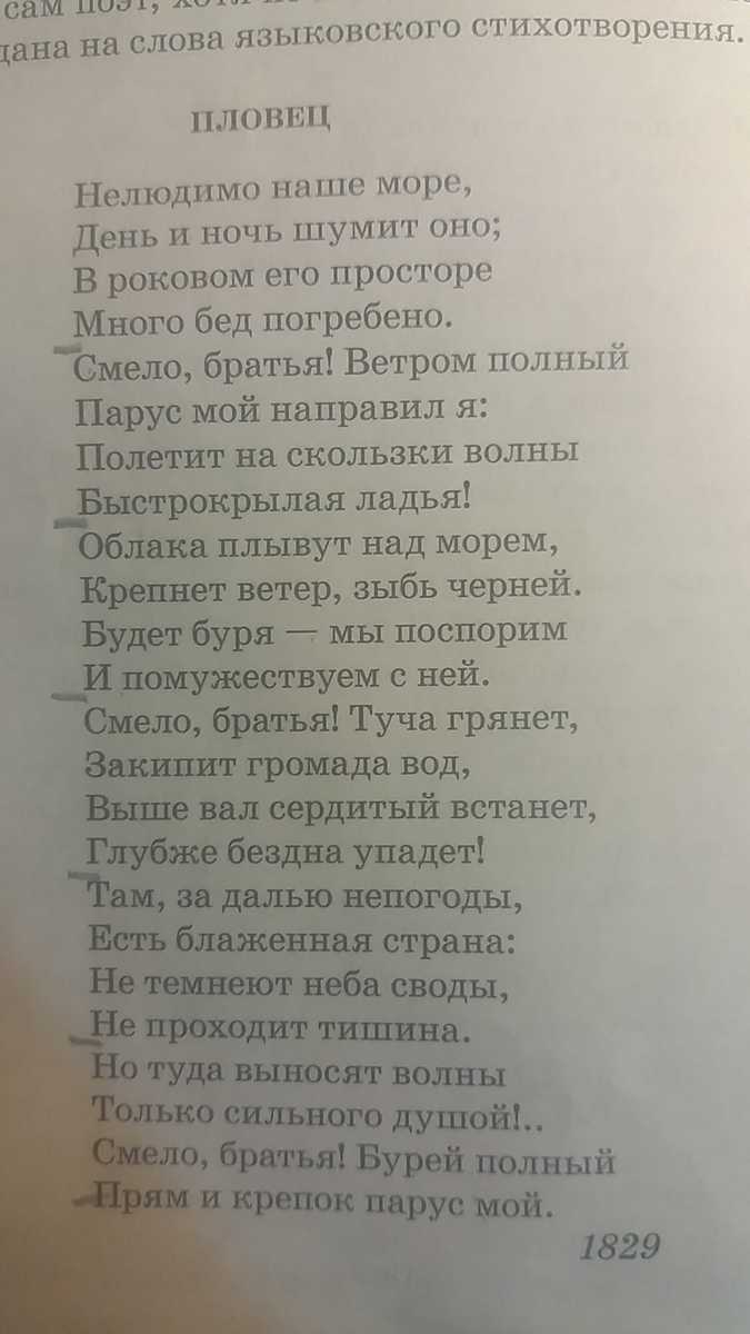 Анализ стихотворения н. языкова «пловец»